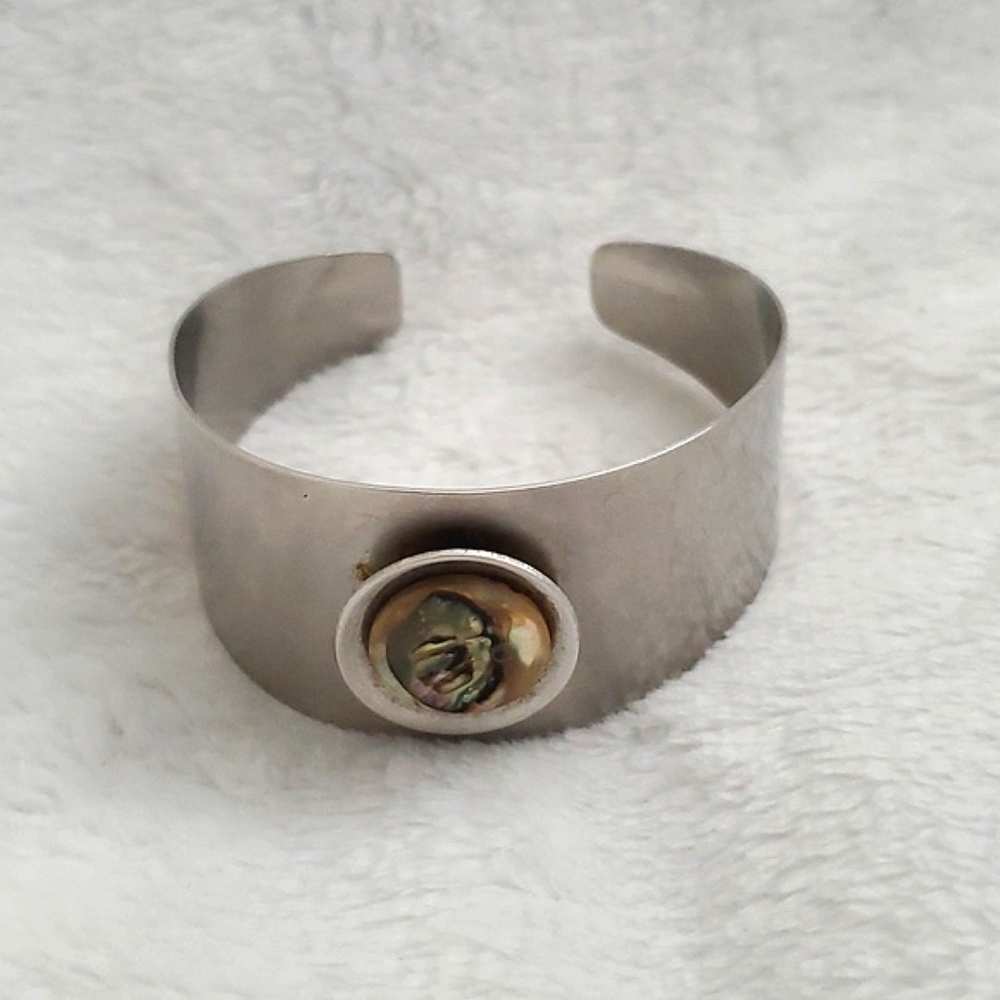 Vtg Stainless Steel MCM Modernist Cuff Bracelet Marked Shapes Sheffield, England